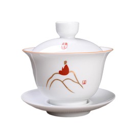 Woonsoon Jingdezhen Chinese Porcelain Gaiwan Handmade 7oz/200ml Kungfu Teacup White Glazed Tureen Chinese Sancai Cover Bowl Lip Cup Saucer Set Traditional Teaware Tea Set (Meditation)