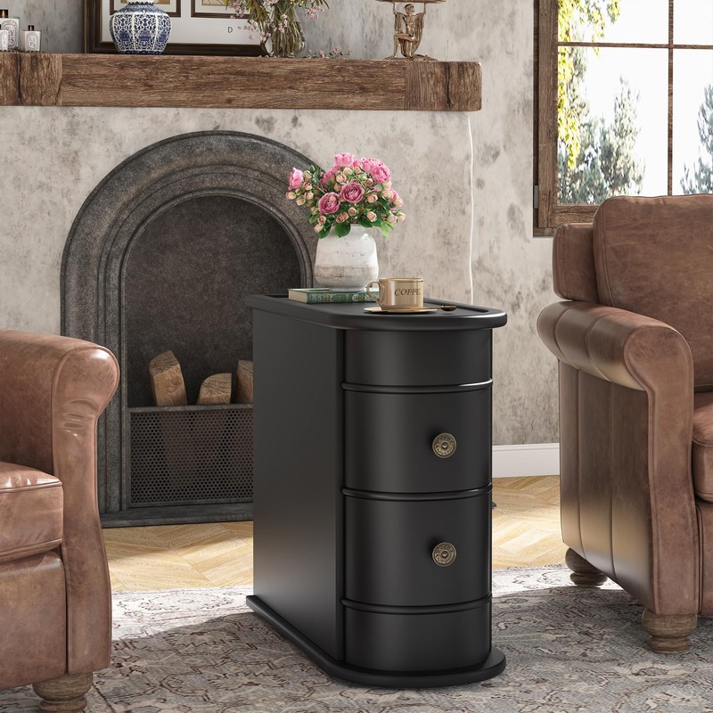 Tribesigns Solid Wood End Table, 2-Drawer Narrow Side Table Slim