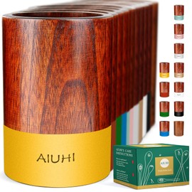 AIUHI Wood Cooking Utensil Holder for Countertop,Teak Crock Organizer Caddy, Wooden Holder for Kitchen Utensils,for Spoons Spatula Straw Cutlery Accessories Utensils Storage (Yellow)