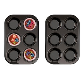 ProBytes 6 Cups Metal Muffin Tray/Mould - Aluminized Steel, Non-stick, BPA-free, Baking Tin, Dishwasher & Oven Safe, Dessert, Fairy cakes, Cup cakes, Brownies, Yorkshire Pudding, Freezing, Black 2 Pcs