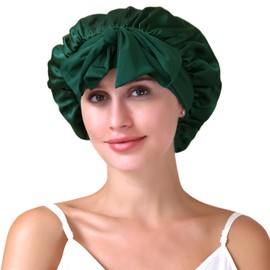ZIMASILK 100% Mulberry Silk Bonnet for Sleeping Women Long Hair Double Layer Silk Hair Wrap with Elastic & Tie Band Cooling Hair Caps for Hair Care Stay On Head (1Pc, Blackish Green)
