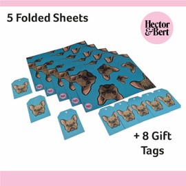 Frenchies Wrapping Paper Sheets x 5, plus 8 Gift Tags - 100% Recyclable - Eco Friendly Gift Wrap - French Bulldogs, Dog Wrapping Paper (French Bulldog on Blue)
