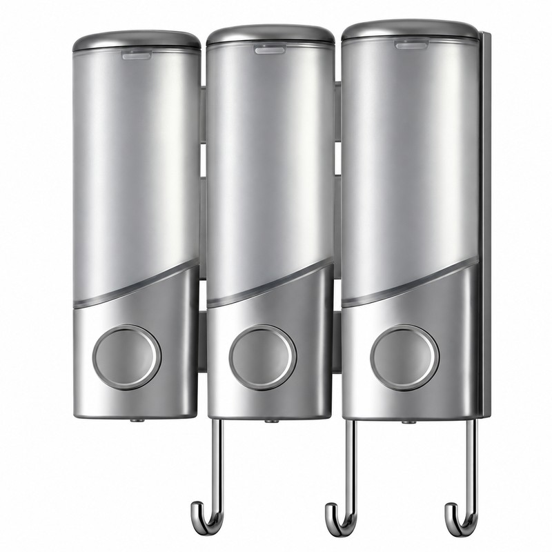 Wall Mounted Shampoo and Conditioner Dispenser with Hooks, 3-Compartment Refillable