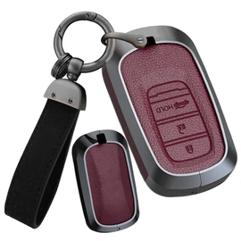ontto 3 Buttons Leather Key Fob Cover fit for Honda Civic 11th 12th Gen Accord Vezel Freed Pilot CRV 2023 2024 Keychain Accessories Zinc Alloy Smart Key Case Shell Holder Bag Keyring Red B