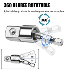 Hymnorq 360 Degree Rotatable Socket Adapters 3PC Set, 1/4 Inch Hex Shank to 1/4 3/8 1/2 Square Socket Drives, Electroplating Finished CR-V Steel, Use with Impact and Power Drill, for Narrow Workplace