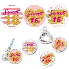 Sweet 16 Kisses Stickers, 16th Birthday Party Round Candy Sticker Favors, Pink Sweet 16th Birthday or Anniversary, Happy 16th Birthday Decorations, 180 Count