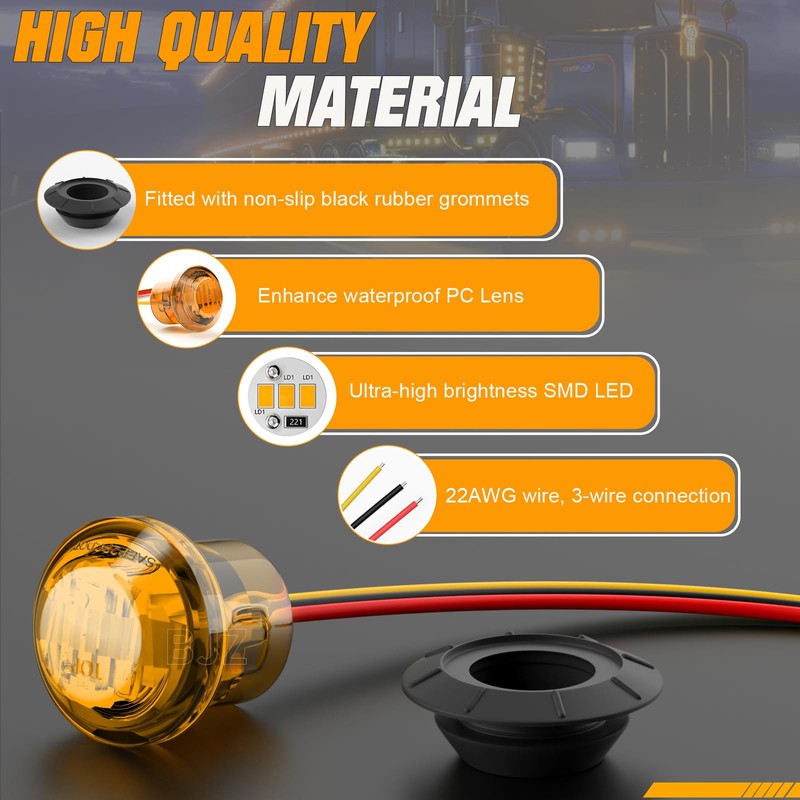 BJZ 3/4" Strobe+Marker Lights Dual Function Amber Trailer LED Side