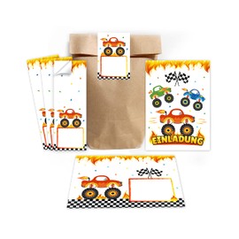 12 Invitation Cards for Children's Birthday Boys Monster Truck Car Including 12 Envelopes, 12 Party Bags/Natural, 12 Stickers Invitation Set