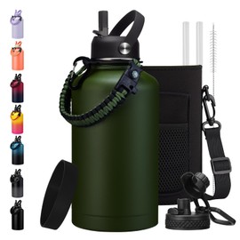 64 oz Canteen Water Bottle with Strap Tactical Half Gallon Insulated Jug Cold for 48 Hrs Stainless Steel Military Large Flask with Spout Lids, Carrier Bag Ideal for Hunting Survival Hiking Camping