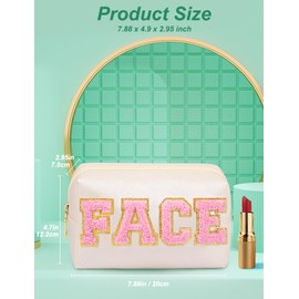 Preppy Makeup Bag, Synthetic Leather Patch Cosmetic Bag with FACE Chenille Letter for Skin Care, Gift for Girlfriend or Wife, Present for Girls, Daughter, Sister and Mother(Beige)