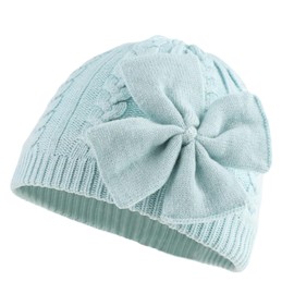 JANGANNSA Winter Warm Knitted Baby Hat for Girls Cotton Lined Infant Toddler Hat Autumn Cute Bow Classic Girls Beanie 0-6Y (Iceblue, S)