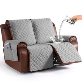 KinCam Loveseat Recliner Covers for 2 Seat, 100% Waterproof Reclining Loveseat Covers, Non-Slip Recliner Cover Furniture Protector with Elastic Straps for Pets, Kids, Light Gray