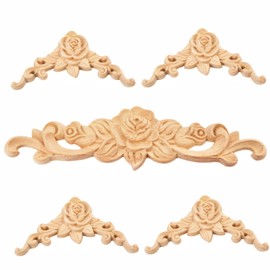 MUXSAM Wood Rose Appliques Onlays Set, 5-Pack Unpainted Decorative Carved Decals for Bed Door Cabinet Wardrobe Mantel Ceiling Wall Headboard Upgrade Decor Craft DIY Projects, 10x10cm+30x7cm