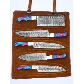 Beautiful Hand Made damascus steel 5pcs chef set, Kitchen knives set with leather kit (OB-011)