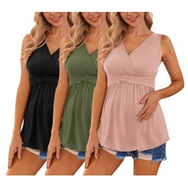 Ekouaer Maternity Tank Tops for Women 3 Packs Sleeveless Pregnancy Shirts V Neck Breastfeeding Tee Black/Pink/Army Green L