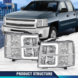 PIT66 LED DRL Tube Projector Headlights Compatible with Chevy Silverado 1500 2007-2013/ 2500HD 3500HD 07-14, Not Fit 2007 Old Body Silverado Classic w/o Bulb Clear Lens Chrome Housing Clear Reflector