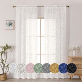OWENIE Leyna Sheer Ivory Curtains 84 Inches Long for Living Room Bedroom 2 Panels Set, Modern Clip Jacquard Leaves Textured Light Filtering Curtains, Double Rod Pockets Window Drapes, 40Wx84L Inch