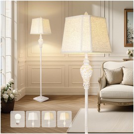 LuxSight Collection Floor Lamp for Living Room, Vintage Standing Lamp with Nightlight, 65" Tall Lamp with White Linen Shade, Farmhouse Rustic Floor Lamp for Bedroom, Office, Corner (LED Bulb Included)