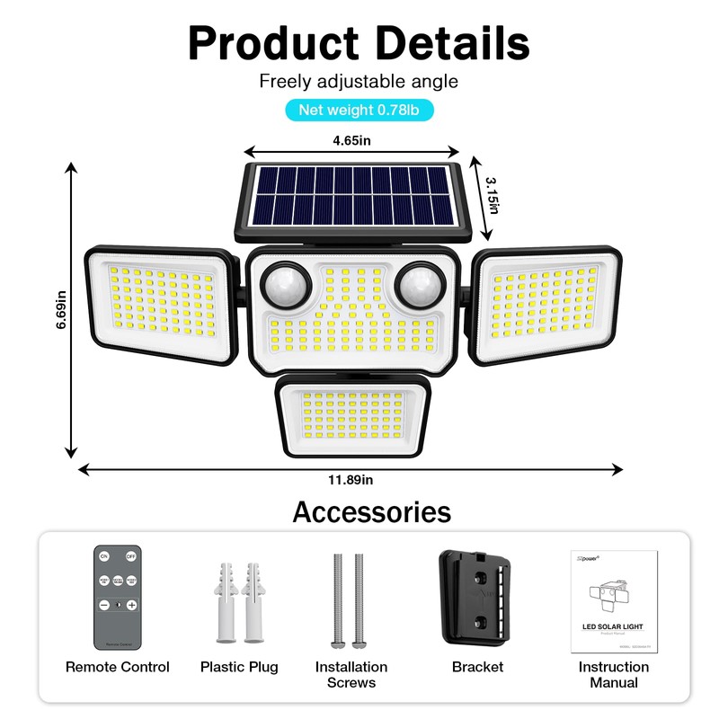 SZPOWER 4500LM Solar Lights Outdoor Waterproof, 254 LED Solar Flood