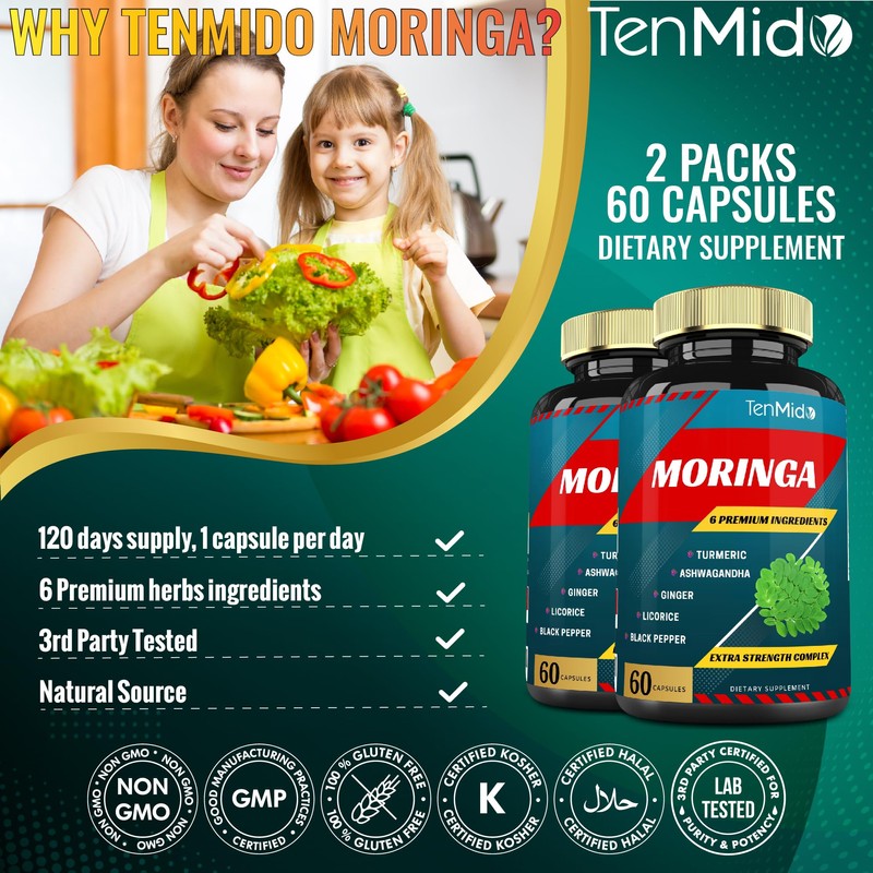 2 Packs Moringa Capsules, 4 Months Supply with Turmeric, Ashwagandha,
