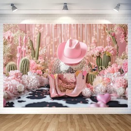 7X5ft Disco Western Cowgirl Party Backdrop Pink Black Cow Print Cowgirl Birthday Background Party Decorations Wild West Country Hot Pink Boot Birthday Photography Background Photo Booth Props