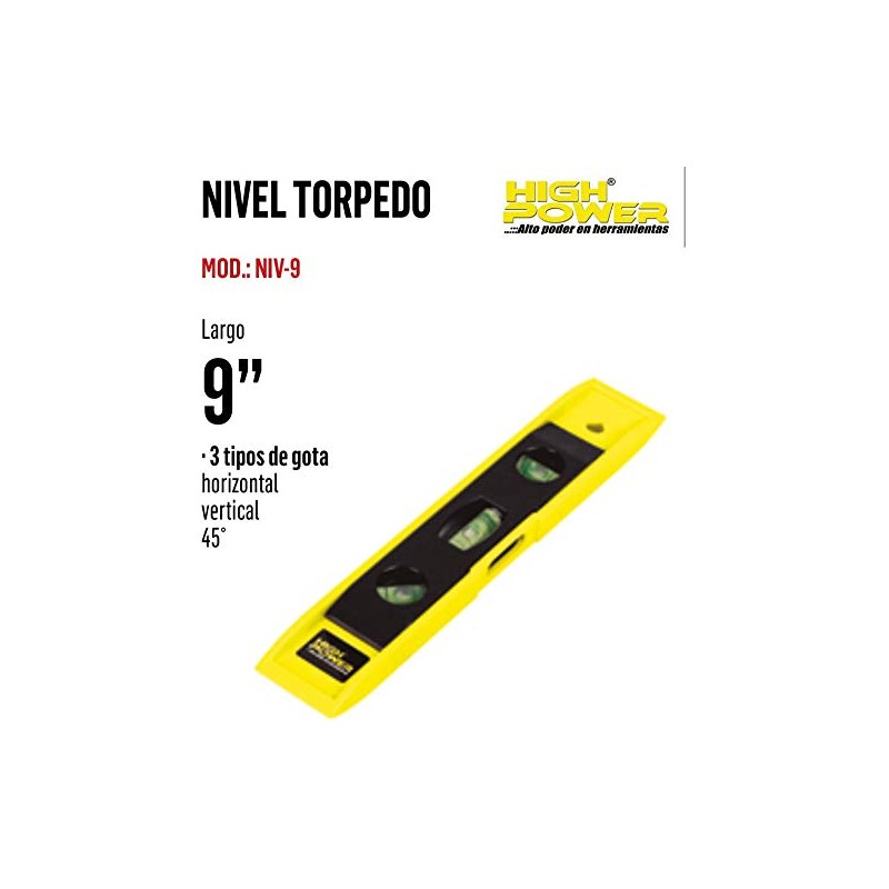Nivel torpedo con Imán 9". 3 Gotas (Burbujas): Horizontal, Vertical