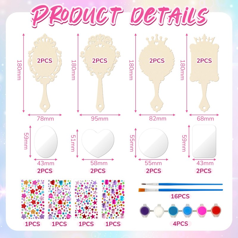 Juexica 8 Sets Wooden Mirror Craft Kit, Girls DIY Princess