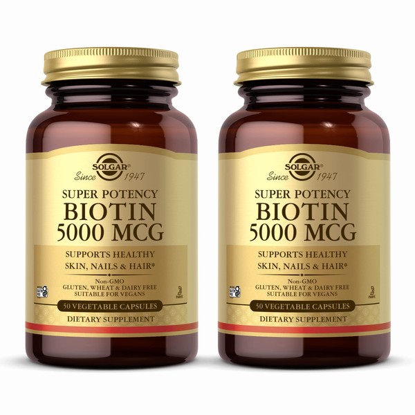 SOLGAR Biotin 5000 mcg - 50 Vegetable Capsules, Pack of 2 - Supports Healthy Skin, Nails & Hair - Non-GMO, Vegan, Gluten Free, Dairy Free, Kosher - 100 Total Servings
