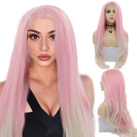 Angle Lucky Pink Blonde Lace Front Wig Long Straight Pink to 613 Blonde Mixed Color Wig Synthetic Pre Plucked Free Part Wig Heat Resistant Glueless Wigs for Women Cosplay Makeup Party 24 Inch (24, Pink Blonde)