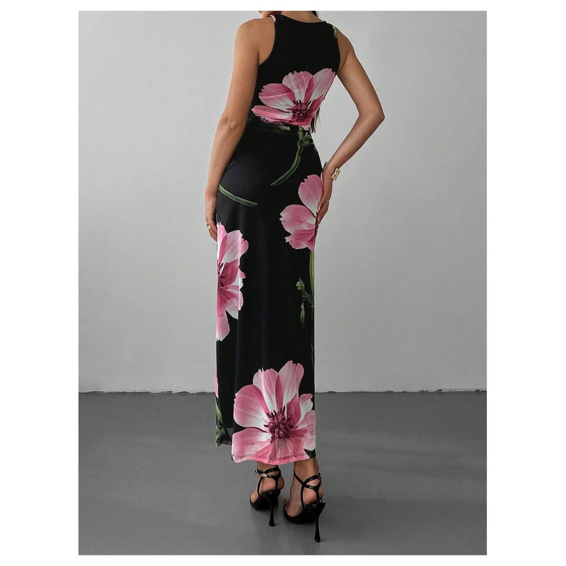 Milumia Women's Floral Mesh Maxi Dress Sleeveless Crew Neck Ruched