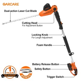 GARCARE Hedge Trimmers Cordless with Battery - Pole Hedge Trimmer with 20V 4.0Ah Li-Ion Battery & Quick Charger, 450mm Laser Cut Blade