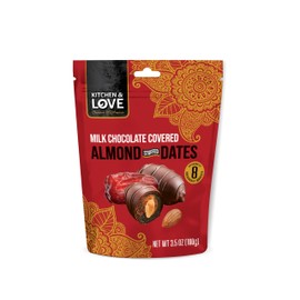 Kitchen & Love Milk Chocolate Covered Almond Stuffed Dates in a Convenient Resealable Pouch, 8 Individually Wrapped Pieces, Healthy Snack, 3.5 oz pouch (Pack of 1)