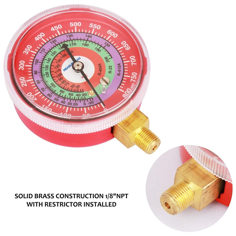 MEASUREMAN Refrigeration Pressure Gauge, 2-3/4" Dial, Blue Dial & Red