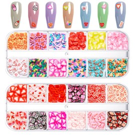 24 Grids Heart Nail Charm for Valentine's Day Nail Art,Soft Pottery Charm Heart Nail Decals,Kissing Strawberry Lipstick Flowers and Multiple Cute Patterns,for Nails Body DIY Crafts Art Decoration