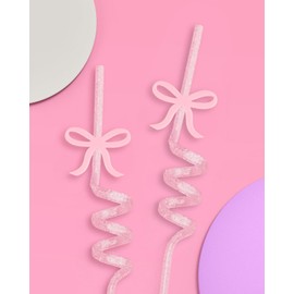 xo, Fetti Bow Reusable Glitter Straw Set - 12 pc | Pretty Bachelorette Decorations, Bow Theme Birthday Party, Bridal Engagement Drinkware, Coquette Cute Supplies, Baby Shower Tableware, Tea Decor