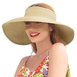 Straw Visors for Women Beach Sun Hat Roll Up Foldable Wide Brim Sun Visors for Women Sun Protection Straw Hats for Women Visor Hat, Beige Brown