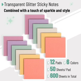 Mr. Pen- Transparent Glitter Sticky Notes, 3”x3”, 12 Pads, 600 Sheets, Glitter Transparent Note Pads, Self-Stick Bible Journaling Sticky Note for Women, Stocky Notes for Bible Journaling