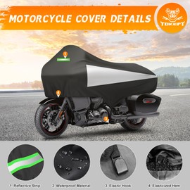 Tokept Motorcycle Half Cover with Elastic Hook and Reflective Strip Waterproof Dustproof Sunproof at All Seasons Suitable for Touring Models Road King Street Glide Road Glide and More (Black&Silver)