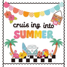 JarThenaAMCS 78Pcs Retro Summer Beach Bulletin Board Decor Set Groovy Hawaii Beach Paper Cutouts with 100Pcs Glue Points Summer Tropical Cut-Outs for School Classroom Home Party Supplies