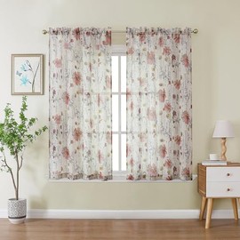 OWENIE Cortinas de ventana de cocina aplastadas de 45 pulgadas de longitud 2 paneles, elegantes cortinas cortas impresas de granja para cafetería, baño, dormitorio, cortinas ligeras con bolsillo para
