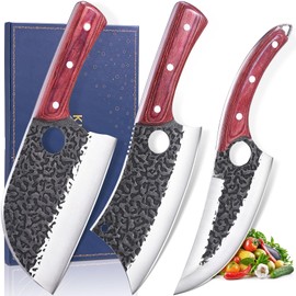 KITNATS Butcher Knife Set, 3PCS Hand Forged Meat Cleaver, Sharp Serbian Chef Knife & Kitchen Knives & Viking Knives Set for Meat Cutting, Boning Knives for Home、Camping、BBQ Gifts Idea Men