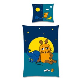 Die Sendung mit der Maus Children's Bed Linen Night Blue 135 x 200 cm + 80 x 80 cm 100% Cotton Flannel Quality Stars Moon Duck Elephant Reversible Bedding with YKK Zip German Size