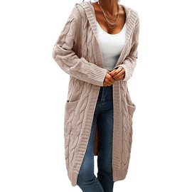 GeGekoko Women's Cardigan with Hood and Pockets, Casual, Long-Sleeved Chunky Knit Cardigan with Open Front, for Autumn, Winter, beige
