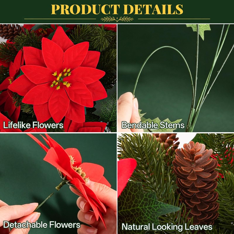 20 Pcs Christmas Poinsettia Flowers Artificial Pine Stems with Pinecone