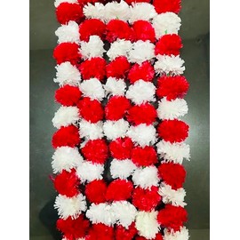Artificial Marigold Flowers 5 String Indian Wedding decor Garlands Party decor Genda phool mala 5 Feet Long,for Parties,Diwali,Indian Festival Multi Red and White