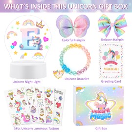 Unicorn Birthday Gifts for 3 4 5 6 7 8 Years Old Girls, Christmas Gifts for Girls Unicorn Accessories Decorations Unicorn Night Light Party Favors for Girls Initial E