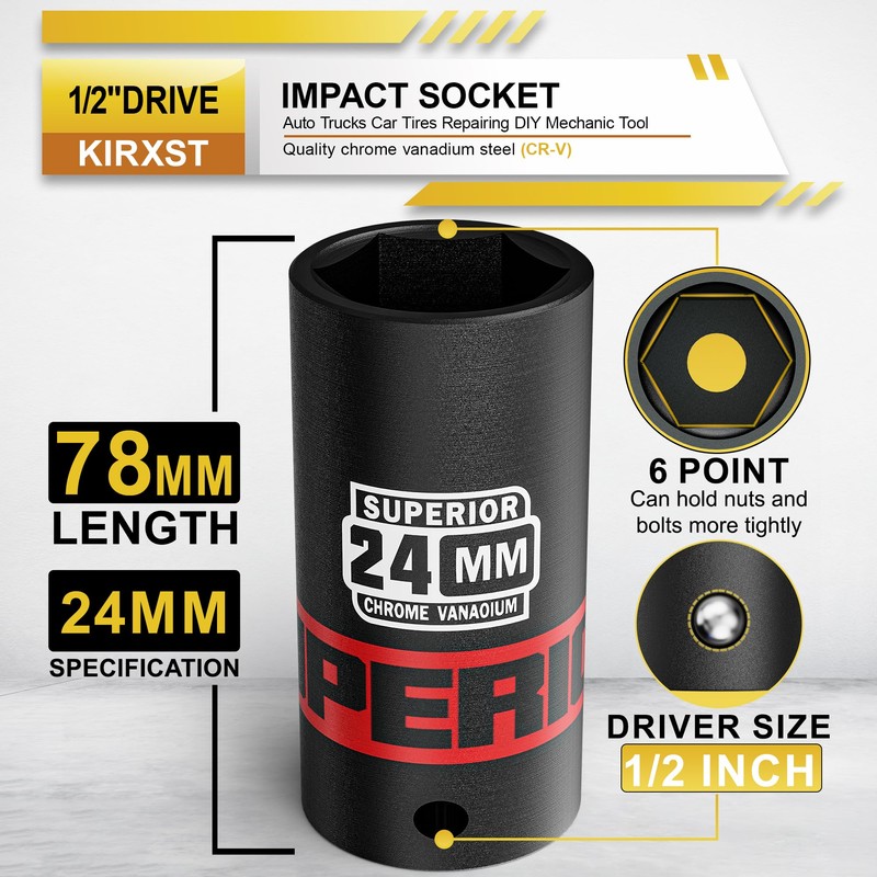 KIRXST 1/2" Drive 24mm Deep Impact Socket, 6 Point CR-V