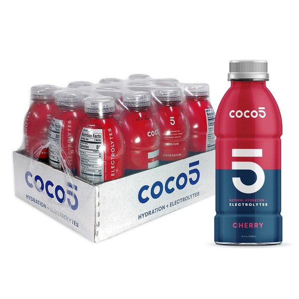 Coco5 Clean Sports Hydration Cherry Flavor | 100% Natural | 50% Less Sugar | Nothing Artificial | Non-GMO | Gluten Free | Developed by Pro Trainers for Pro Athletes | 16.9 OZ (Pack - 12)