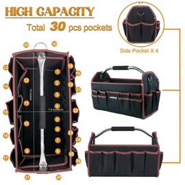 16 In Electrician Tool Bag, Foldable Tool Bags For Men Heavy Duty, Open Top Tool Tote, 30 Pockets Can Hold Many Tools, Tool Bag Organizer Stainless Steel Handle and Removable Shoulder Strap (Brown)