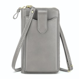 RONSIN RFID Blocking Crossbody Cell Phone Wallet for Women Vegan Leather Purse Compact Travel-Size Shoulder Handbag (Grey Purse)